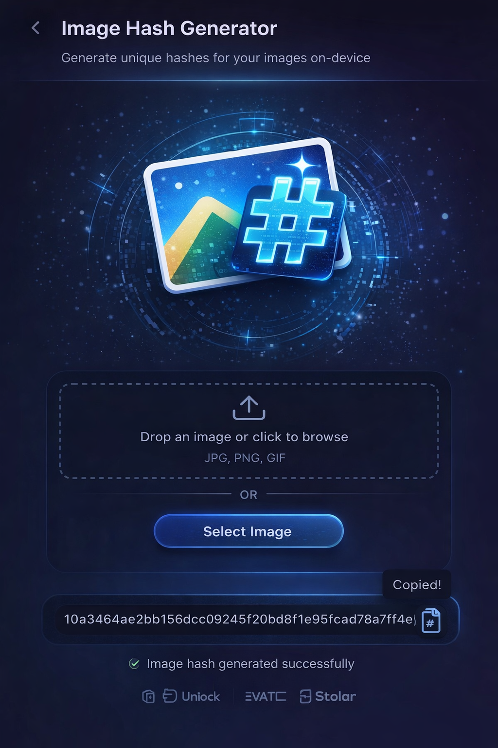 Illustration of an image with a hash symbol representing image hashing